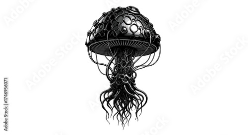 Intricate Steampunk Mushroom Illustration.