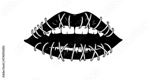 Lips stitched shut with thread and needle symbol of silence.