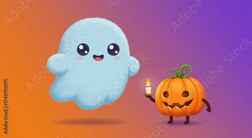 A friendly ghost floats beside a lit jack-o-lantern on a vibrant gradient background