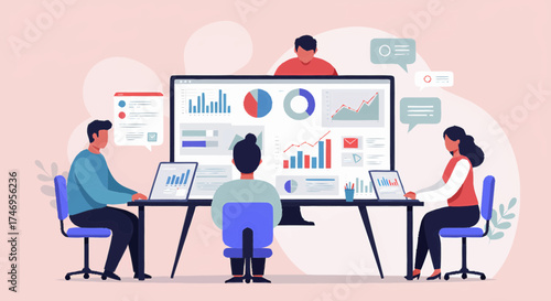Team collaborating on data analysis in a modern office environment viewed from above