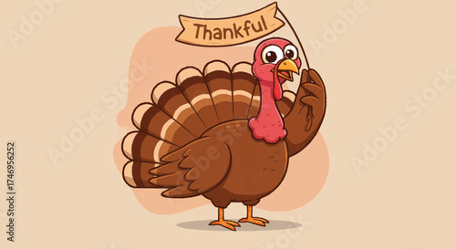 A cartoon turkey expressing gratitude with a 'Thankful' banner, viewed from the front in a simple background.
