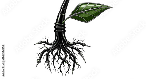 Mechanical Plant with Leaf and Root System Illustration.
