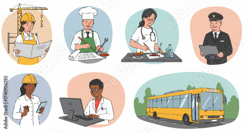 Various professionals at work in different occupations and a school bus in the background