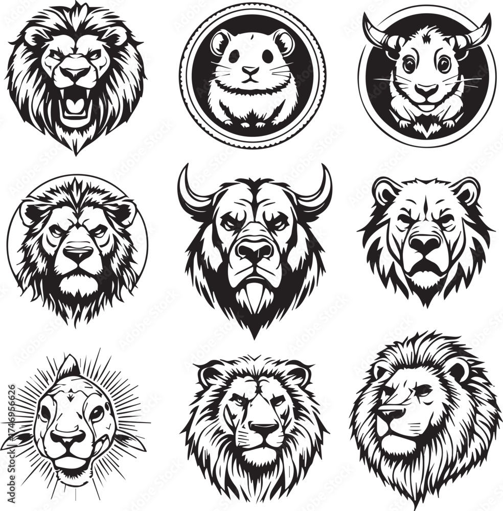Obraz premium Animal Head Vector Set – Lion, Bull, Bear, Hamster in Black and White Minimalist Graphic Grid