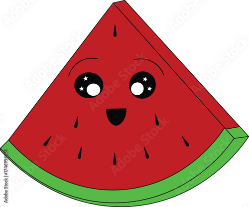 Cute cartoon slice of watermelon with a happy face, isolated on a white background