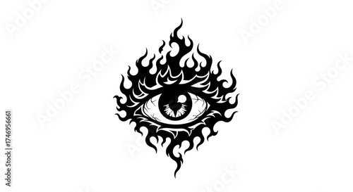 Mystical flaming eye tattoo design in black and white.