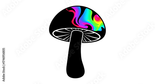 Psychedelic magic mushroom silhouette with a vibrant rainbow swirl cap.
