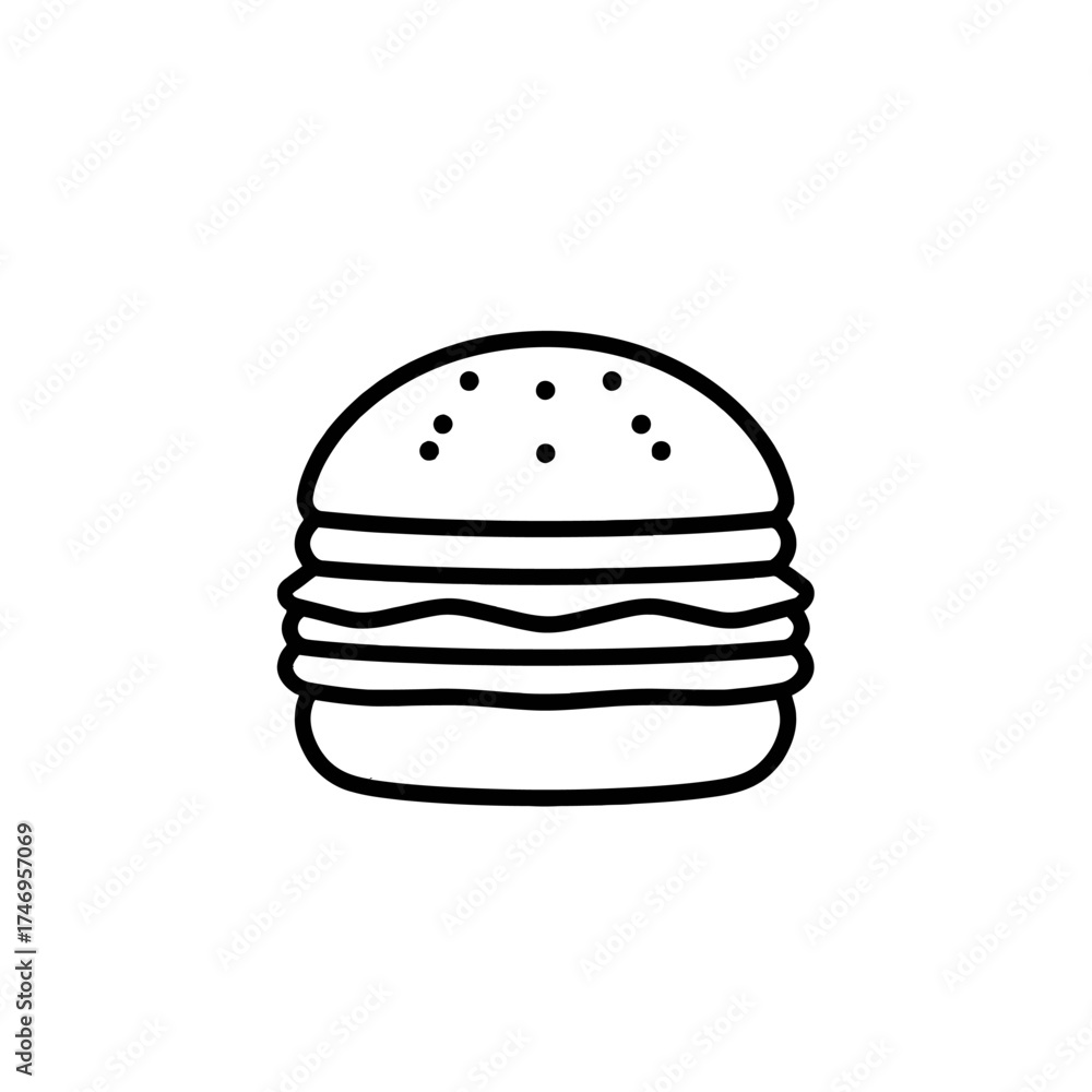 Fototapeta premium Simple line drawing of a burger with sesame seeds on the bun, isolated on white.