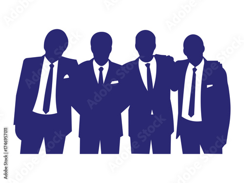 Four men in suits stand together isolated on white background in silhouette
