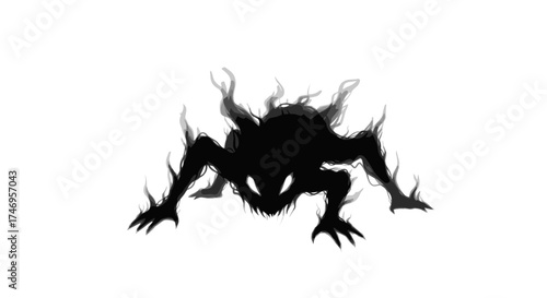 Shadow Creature Crawling with Glowing Eyes on White Background.