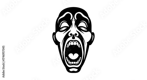 Screaming face vector illustration in black and white depicting intense emotion and distress.