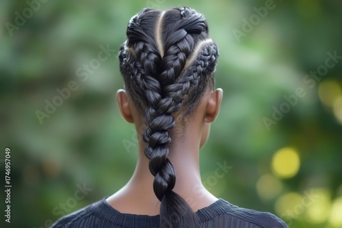Woman showing a stylish braided ponytail updo with cornrows on the back of her head, against a natural green background