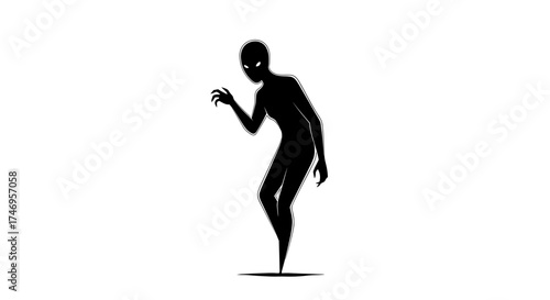 Shadowy Figure with Glowing Eyes on White Background.