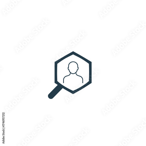 Silhouette of a person inside a hexagon, viewed through a magnifying glass, on a white background.