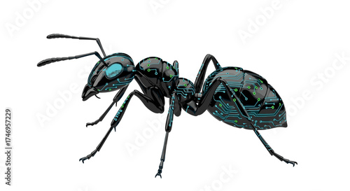Single shiny black ant isolated on a plain white background.