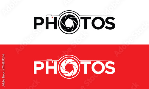 Photos logo design showcasing camera lens icon for photography studio or creative agency branding projects