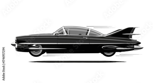 Sleek Black Vintage Car with Futuristic Fins and Speed Lines.