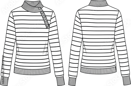 Striped sweater fashion sketch, asymmetrical button placket front and back view, cad drawing flat vector illustration for garment construction and apparel design
