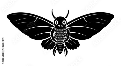 Stylized black moth insect with large eyes illustration.