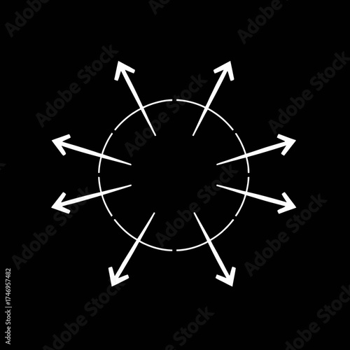 White arrows radiating outward from a central, dotted circular shape against black background.