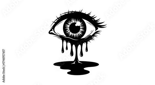 Surreal black and white illustration of a melting eye.