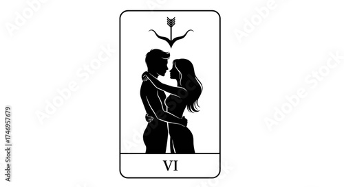 Tarot Card Six of Cups Silhouette of Embracing Couple.