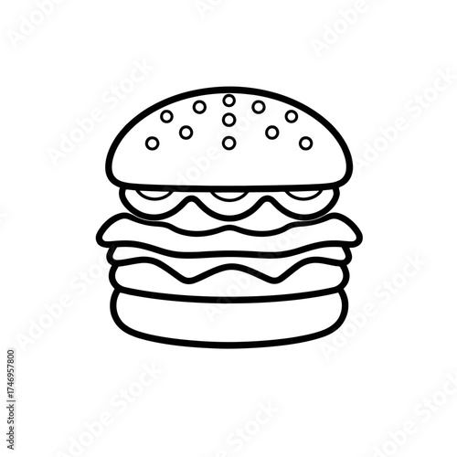 Black and white line drawing of a double cheeseburger with sesame seeds on the bun.