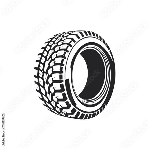 Black and white vector illustration of a tire with a detailed tread pattern, isolated on a white background.
