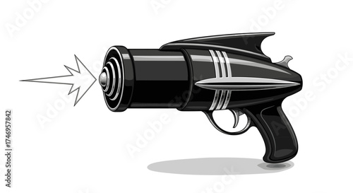 Vintage Black and White Ray Gun Firing a Laser Beam.