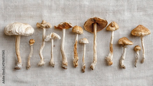Dried mushroom specimens displayed on linen texture showing natural variety of wild fungi with gills and stems in educational arrangement for mycology study