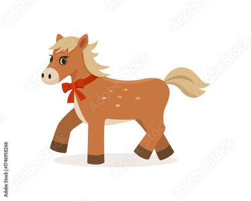 Vector illustration of a cute cartoon horse with a red bow on its neck. Flat style animal design isolated on white background. Perfect for children’s products, stickers, packaging, posters, greeting. 