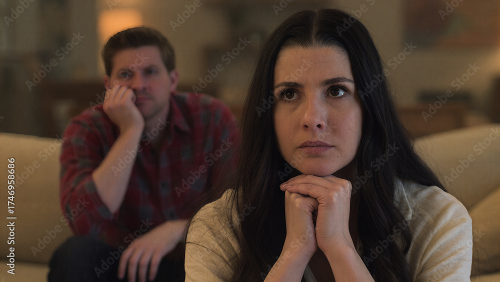 Fototapeta premium Upset woman sitting on a couch with her partner in the background during a difficult conversation at home. 