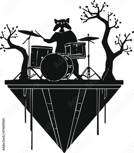 Cartoon raccoon playing drum set on floating pyramid platform, surreal animal musician illustration, whimsical wildlife band artwork, creative fantasy music performance design