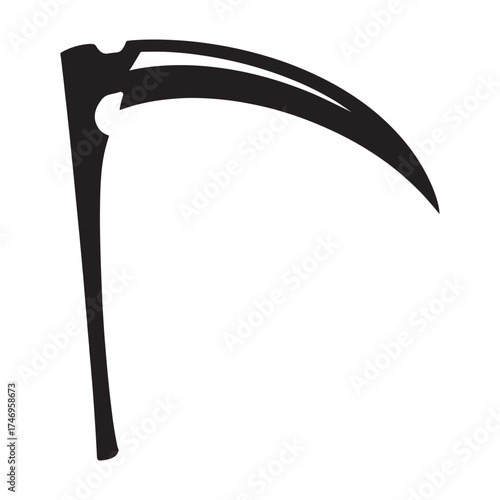 Silhouette of a grim reaper s scythe with a curved blade and long handle on a white background