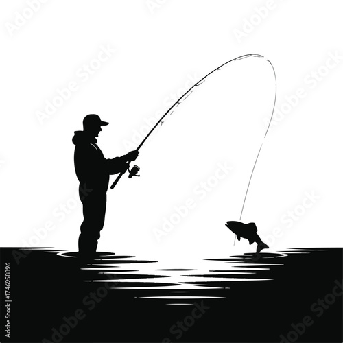 High Contrast Black and White Fisherman Catching Fish Silhouette