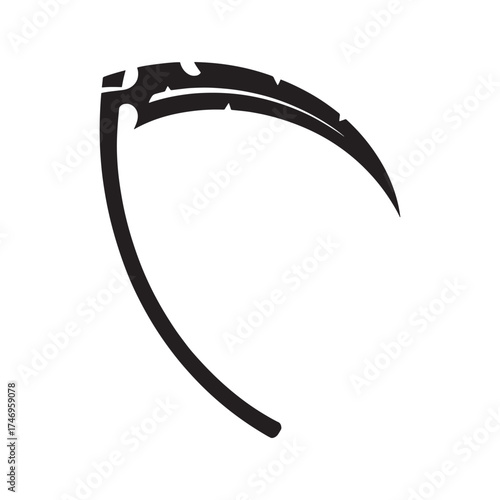 Black and white silhouette of a scythe blade with a textured distressed effect isolated on white background