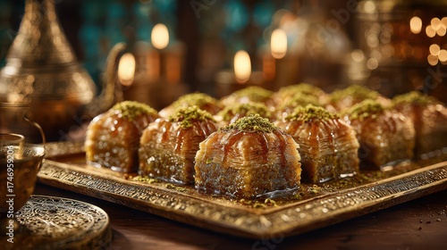 Traditional Turkish baklava pastry with pistachios and honey syrup on ornate metal tray, authentic Middle Eastern dessert with golden layers