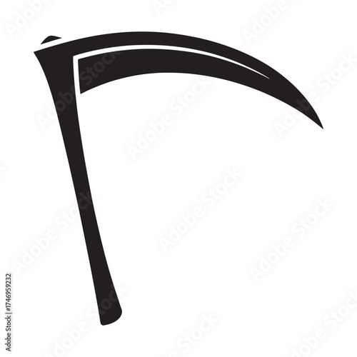 Black silhouette of a grim reaper scythe against a white background