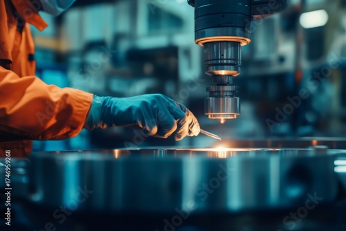 Technician's gloved hand performing precision work on a metal specimen, preparing it for quality analysis in an industrial setting
