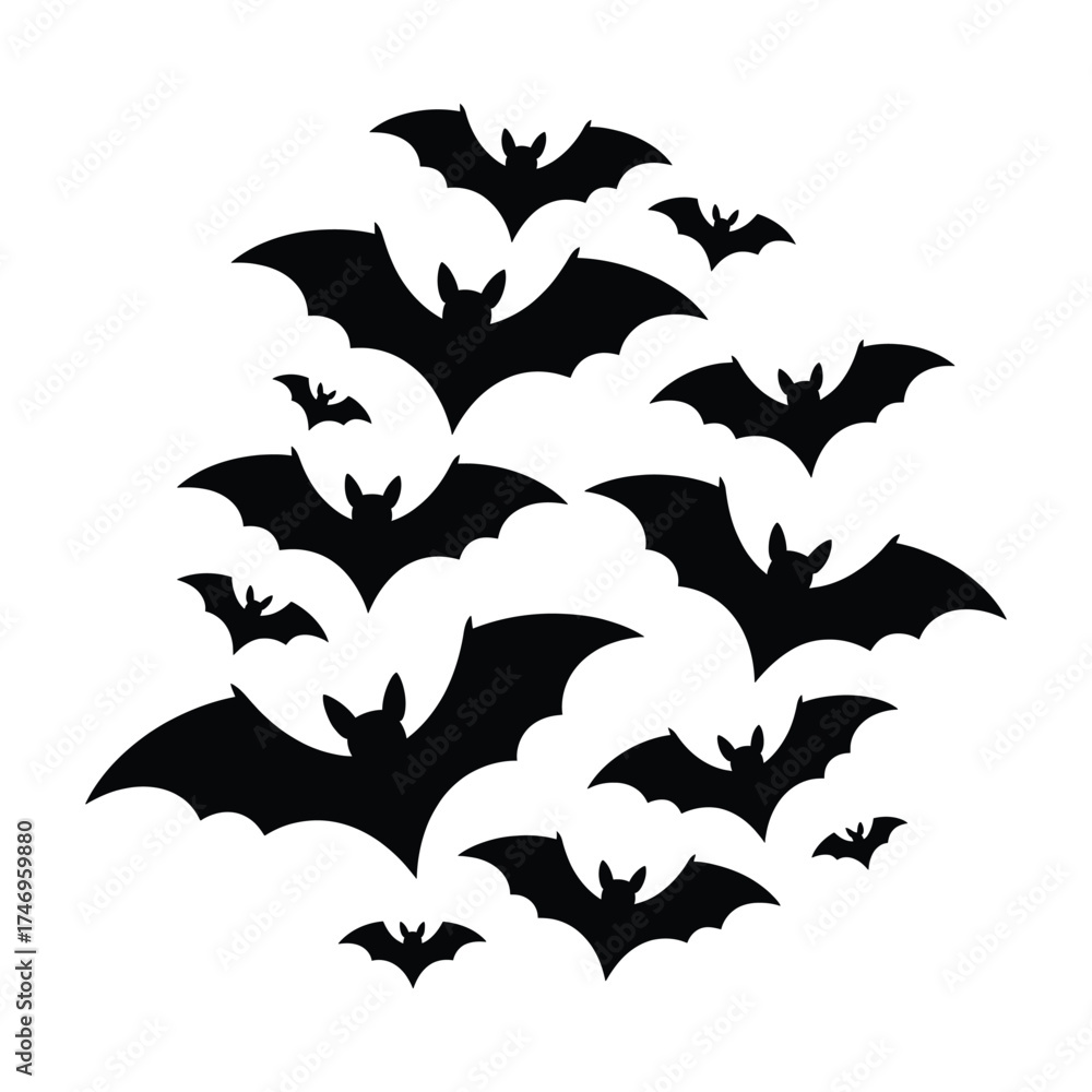 Fototapeta premium A swarm of black silhouette bats flying in a chaotic cluster against a white background for halloween