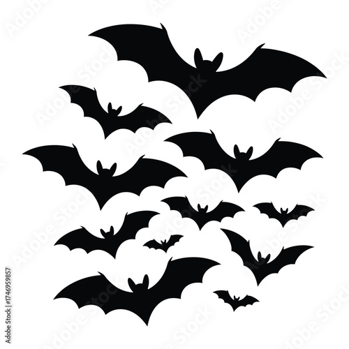 A swarm of black bat silhouettes flying in a circular pattern against a white background for halloween