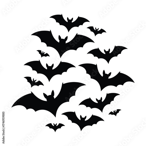 A swarm of black silhouette bats flying in a chaotic cluster against a white background for halloween