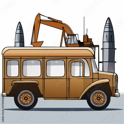 A whimsical illustration of a vintage van transformed into a bizarre weaponized vehicle with an excavator and missiles.
