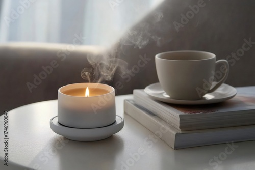Burning candle with smoke, coffee cup, and books creating a cozy, relaxing atmosphere in a home interior