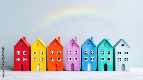 Colorful miniature houses with rainbow in background