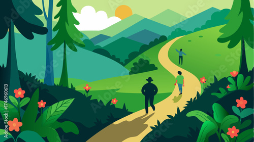 A hiking trail winding through a lush forest with silhouettes of adventurers traversing the path alongside vibrant wildflowers.