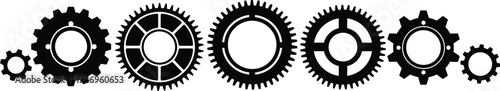 Six Black Gears of Different Design and Size on a White Background, Mechanical Elements