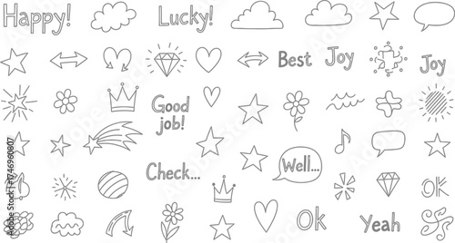 Sketchy Doodles Collection Set HandDrawn Clouds, Stars, Hearts, Crowns and Letterings