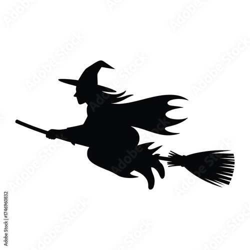 Silhouette of a witch flying on a broomstick against a white background for halloween