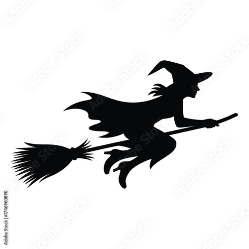 Silhouette of a witch flying on a broomstick against a white background